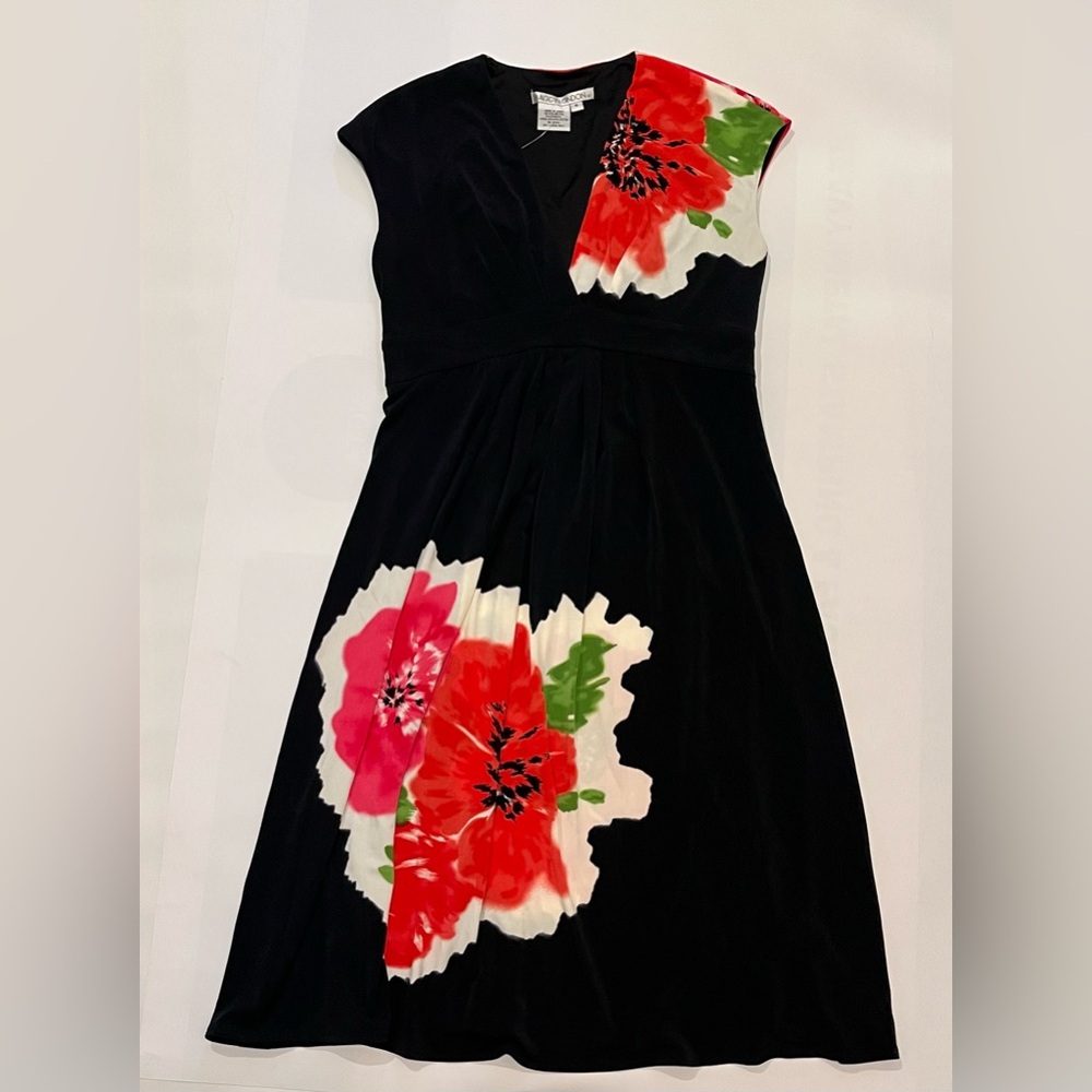 Maggy London Black Midi Dress with Vibrant Floral Design